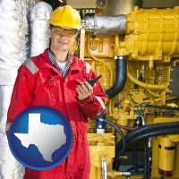 texas map icon and a hydraulics engineer, wearing a red jumpsuit