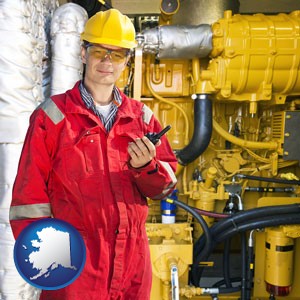 a hydraulics engineer, wearing a red jumpsuit - with Alaska icon