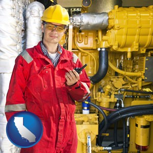 a hydraulics engineer, wearing a red jumpsuit - with California icon