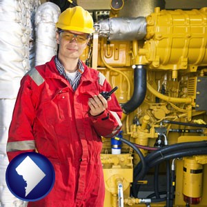 a hydraulics engineer, wearing a red jumpsuit - with Washington, DC icon