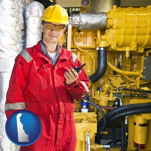 a hydraulics engineer, wearing a red jumpsuit - with Delaware icon