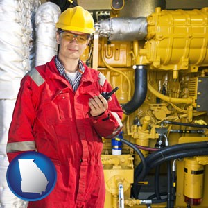 a hydraulics engineer, wearing a red jumpsuit - with Georgia icon