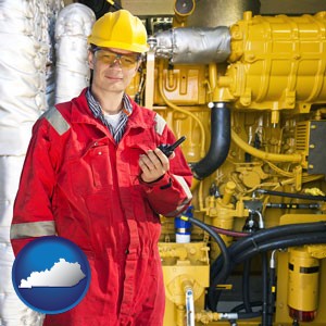 a hydraulics engineer, wearing a red jumpsuit - with Kentucky icon