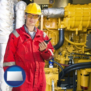 a hydraulics engineer, wearing a red jumpsuit - with North Dakota icon