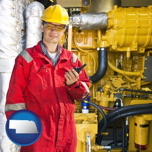 a hydraulics engineer, wearing a red jumpsuit - with Nebraska icon