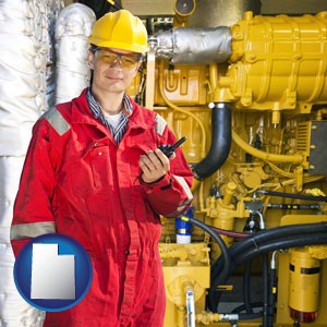 a hydraulics engineer, wearing a red jumpsuit - with Utah icon