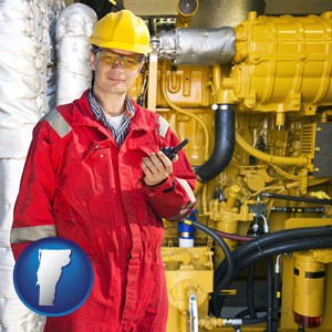 a hydraulics engineer, wearing a red jumpsuit - with Vermont icon