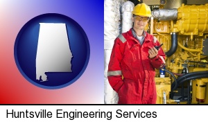 a hydraulics engineer, wearing a red jumpsuit in Huntsville, AL